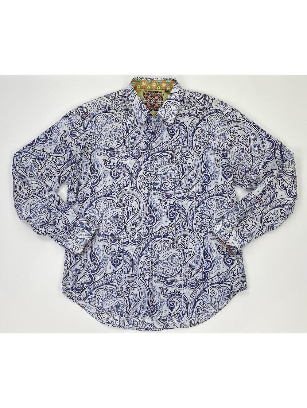 ROBERT GRAHAM Blue White Paisley Embroidered Stripe Detail Button Up Size 2XL